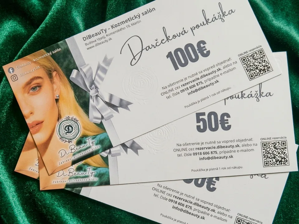 Darčekové poukážky do kozmetického salónu DiBeauTy na 50 € a 100 € so striebornou mašľou