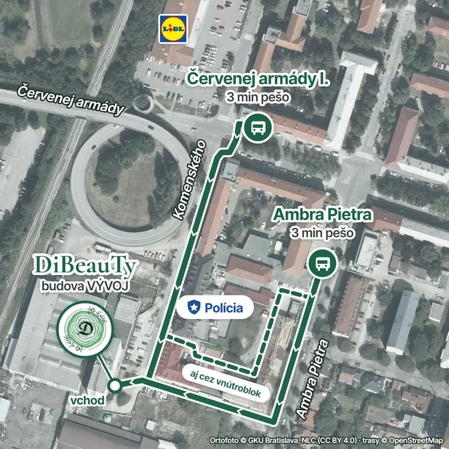 Letecká mapa: pešia trasa od zastávok MHD Červenej armády I. a Ambra Pietra (obe asi 3 minúty; z Ambra Pietra aj kratšou cestou cez vnútroblok) k vchodu do budovy VÝVOJ, kde sídli salón DiBeauTy; orientačné body Lidl a polícia